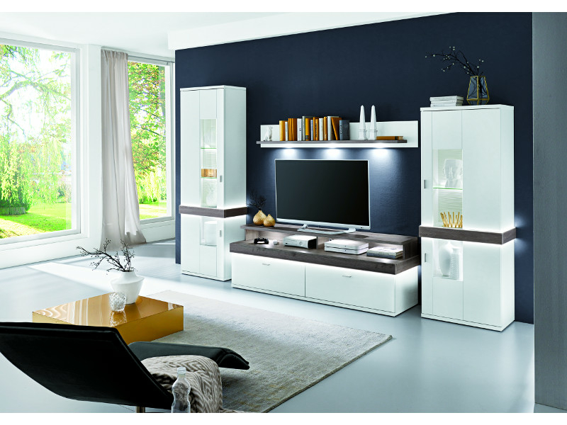 Ideal Möbel Albi Kombination 13 - weiß matt, Absetzung Nelson Nordic Folie, mit Beleuchtung, mit TV-Bühne - K13 + T61 + T2140 + T2141 + T2143 + T2144 + T2145