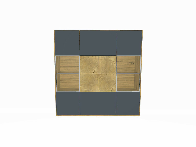 Hartmann Caya Highboard mit 2 Glastüren aus Mattglas, 1 Tür aus Mattglas und Hirnholzscheiben, 1 Schubkasten in Mattglas, 5 Holzböden, 2 Holzeinlegeböden, 2 Glaseinlegeböden