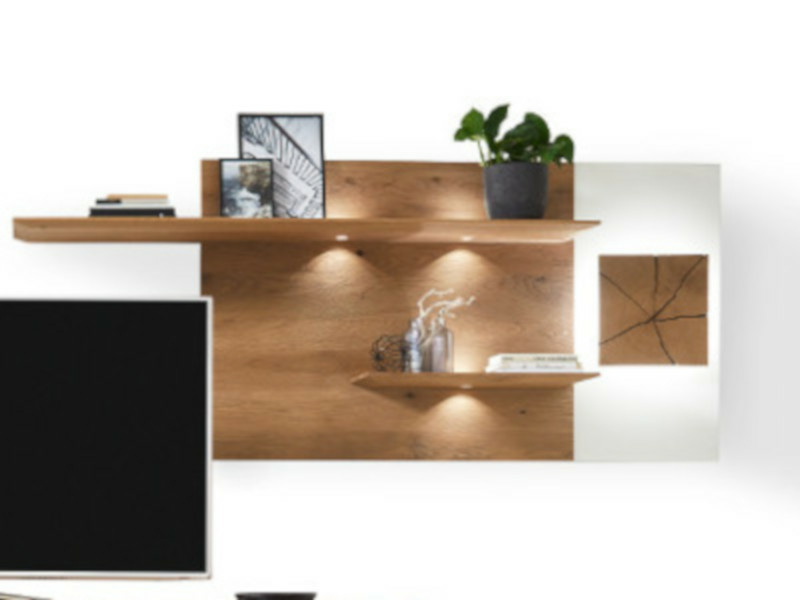 Hartmann Caya Wandpaneel mit Rückwand aus Holz und der Applikation aus Mattglas, 2 Paneelböden, 1 Hirnholzscheibe Mattglas rechts in weiß mit Beleuchtung - 5156W+9823+9621