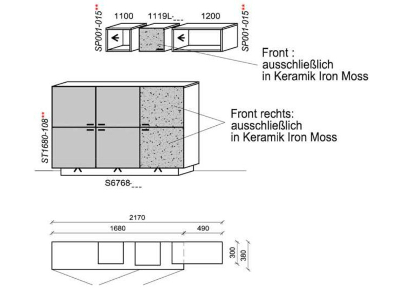 Schröder Kitzalm Living - Kombination K005 - Akzent Keramik Iron Moss - mit kompletter Beleuchtung - K005-KIM+ST1680-108+2xSP001-015+TRA15+FS4