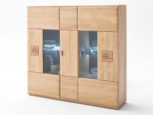 MCA Furniture Bologna Highboard T05 Eiche Bianco teilmassiv - mit Beleuchtung und Schalter - BOL11T05+005062ZB
