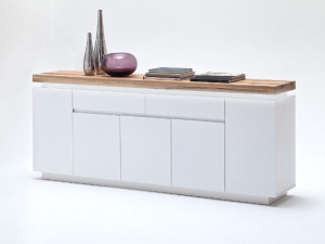 MCA Furniture Sideboard Romina - Korpus Lack weiß matt, Abdeckplatte in Asteiche massiv - 48995MW5