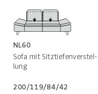 Sofa 2 mit Sitztiefenverstellung - 200 cm breit - NL60